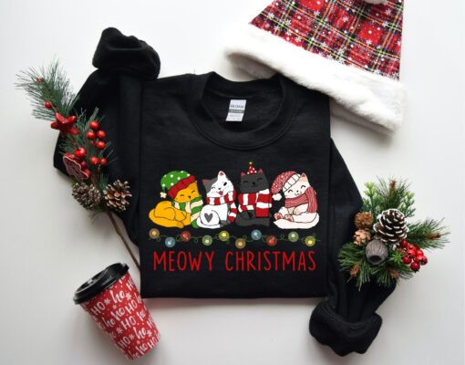 Cute Meowy Christmas Bling Lights Sweatshirt Unique Xmas Gift