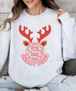 Cute Merry Vibes Antler Reindeer Sweatshirt Christmas Gift Preppy Xmas