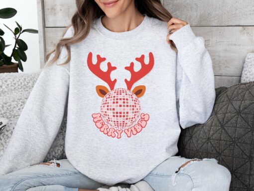 Cute Merry Vibes Antler Reindeer Sweatshirt Christmas Gift Preppy Xmas