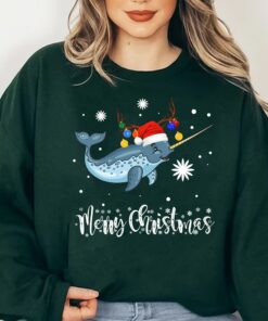 Cute Narwhal Verry Merry Christmas Santa Hat Sweatshirt Funny Unique Xmas Gift