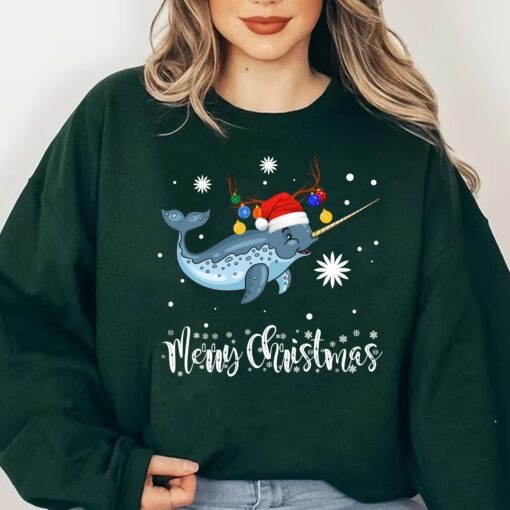 Cute Narwhal Verry Merry Christmas Santa Hat Sweatshirt Funny Unique Xmas Gift