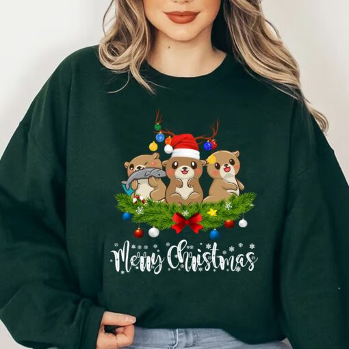 Cute Otter Christmas Santa Hat Reindeer Sweatshirt Lovely Unique Xmas Gift