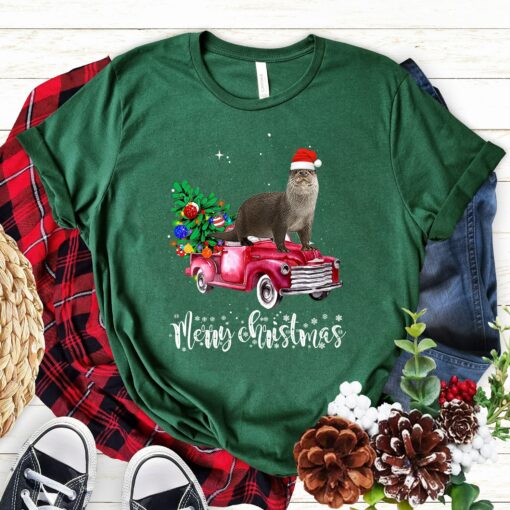 Cute Otter Merry Christmas Ride Red Truck Sweatshirt Unique Xmas Gift