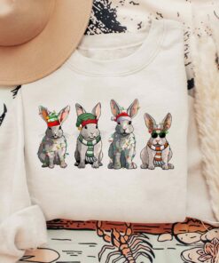 Cute Rabbit With Santa Hat Christmas Lights Sweatshirt Lovely Unique Xmas Gift