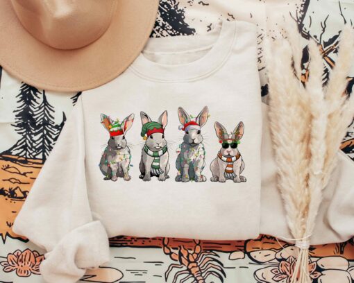 Cute Rabbit With Santa Hat Christmas Lights Sweatshirt Lovely Unique Xmas Gift