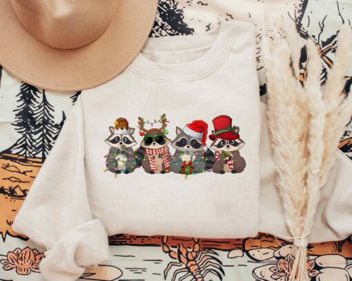 Cute Raccoon With Santa Hat Christmas Lights Sweatshirt Lovely Unique Xmas Gift