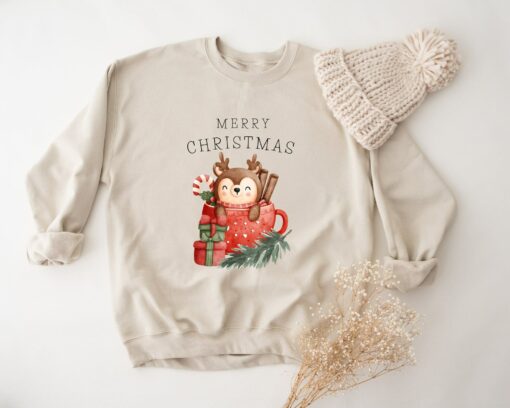 Cute Reindeer Merry Christmas Sweatshirt Lovely Unique Xmas Gift