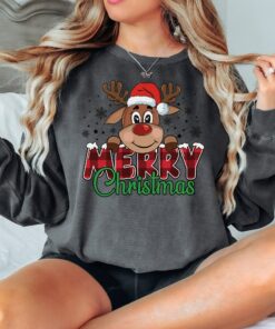 Cute Reindeer Santa Claus Hat Merry Christmas Sweatshirt Lovely Unique Xmas Gift