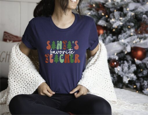 Cute Santa’s Favorite Teacher Pine Christmas Tree Sweatshirt Trendy Unique Xmas Gift