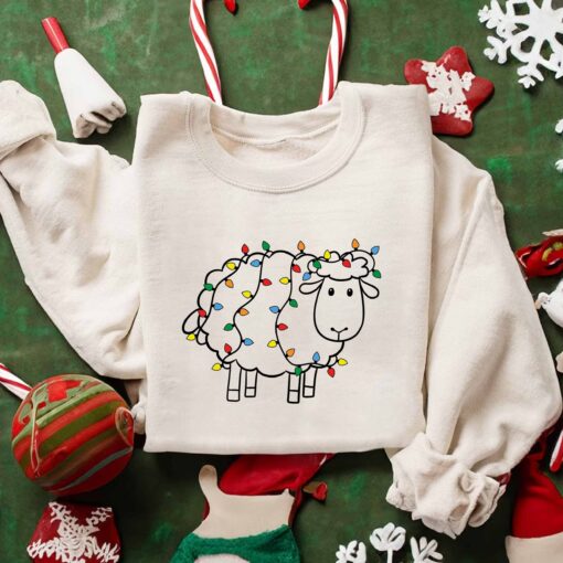 Cute Sheep With Christmas Lights Sweatshirt Lovely Unique Xmas Gift