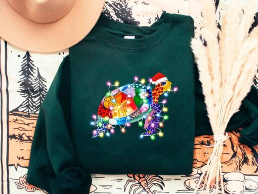 Cute Turtle With Christmas Lights Sweatshirt Lovely Unique Xmas Gift