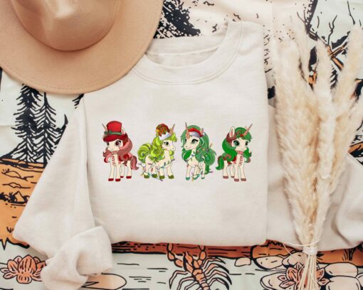 Cute Unicorn With Santa Hat Christmas Lights Sweatshirt Lovely Unique Xmas Gift