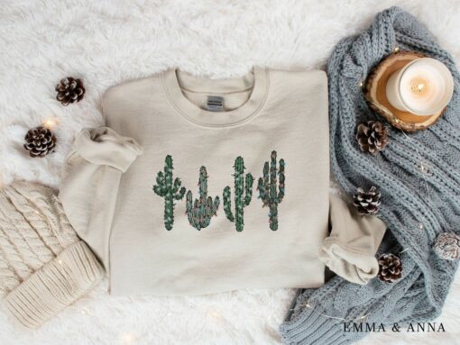 Cute Western Cactus Santa Christmas Bling Lights Sweatshirt Lovely Unique Xmas Gift