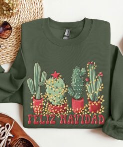Cute Western Feliz Navidad Cactus Santa Christmas Bling Lights Stars Sweatshirt Lovely Unique Xmas Gift
