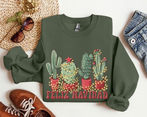 Cute Western Feliz Navidad Cactus Santa Christmas Bling Lights Stars Sweatshirt Lovely Unique Xmas Gift