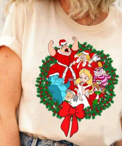 Disneyland Alice In Wonderland Christmas Wreath White Rabbit Cheshire Cat Santa Sweatshirt Lovely Unique Xmas Gift