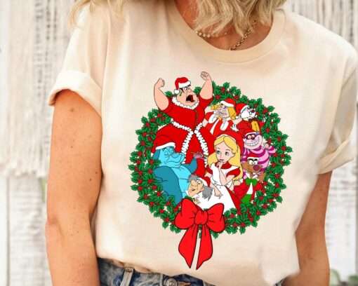 Disneyland Alice In Wonderland Christmas Wreath White Rabbit Cheshire Cat Santa Sweatshirt Lovely Unique Xmas Gift