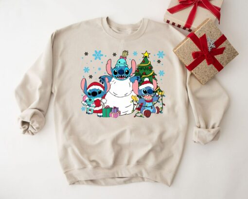 Disneyland Cute Stitch Snowman And Lilo Christmas Sweatshirts