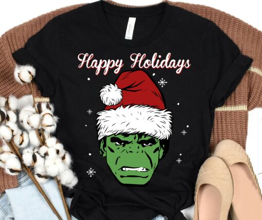 Disneyland Marvel Hulk Santa Hat Happy Holidays Portrait Christmas Lights Sweatshirt Unique Xmas Gift