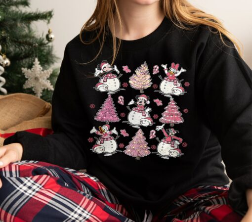 Disneyland Mickey And Friends Pink Christmas Tree Snowman Sweatshirt