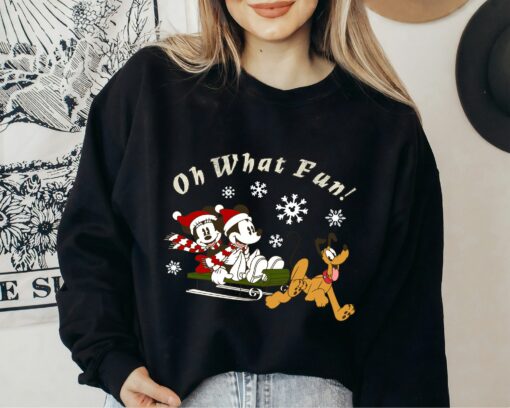 Disneyland Mickey Minnie And Pluto Oh What Fun Christmas Sled Funny Sweatshirt Unique Xmas Gift