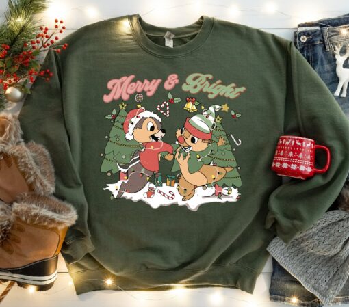 Disneyland Retro Chip And Dale Merry And Bright Christmas Holiday Sweatshirt