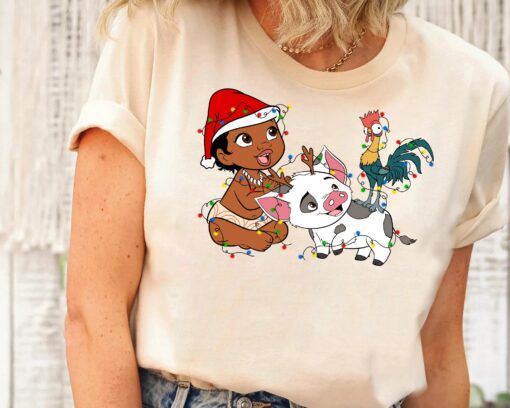 Disneyland Santa Cute Moana Hei Hei Rooster And Pua Christmas With Lights Sweatshirt Unique Xmas Gift