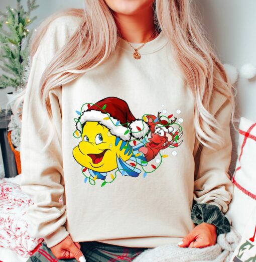 DisneylandThe Little Mermaid Flouder Sebastian Christmas Lights Sweatshirt Lovely Unique Xmas Gift