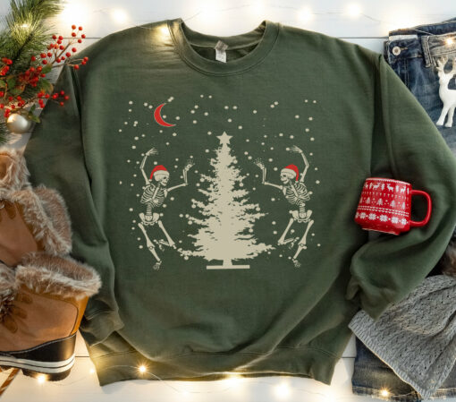 Funny Dancing Skeleton Tree Christmas Sweatshirt Scary Unique Xmas Gift