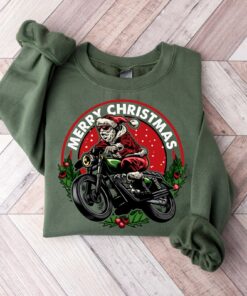 Funny Santa Riding Motorcycle So Merry Christmas Sweatshirt Lovely Unique Xmas Gift