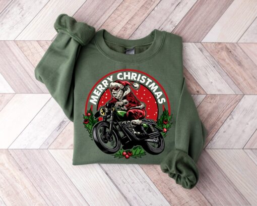 Funny Santa Riding Motorcycle So Merry Christmas Sweatshirt Lovely Unique Xmas Gift