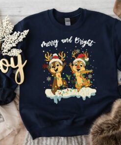 Merry And Bright Disneyland Cute Santa Chip And Dale Double Trouble Christmas Couples Sweatshirt