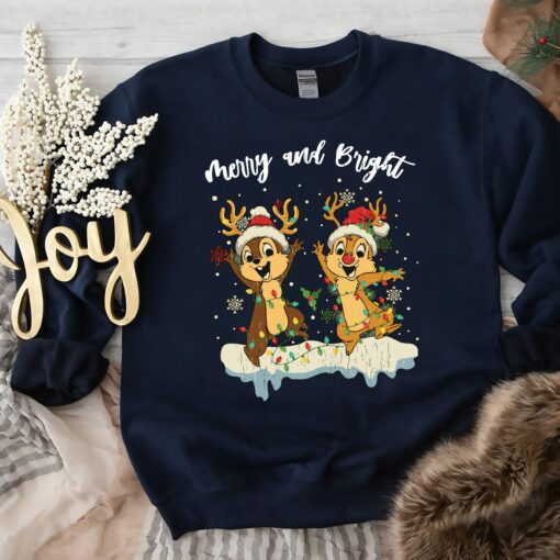 Merry And Bright Disneyland Cute Santa Chip And Dale Double Trouble Christmas Couples Sweatshirt