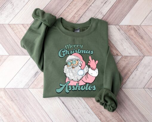 Merry Christmas Assholes Sweatshirt, Merry Christmas Sarcastic Shirt, Christmas Adult Crewneck, Santa Claus Hoodie, Funny Xmas T-shirt