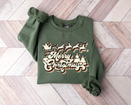 Merry Christmas Reindeer Sleigh Family Sweatshirt Lovely Unique Xmas Gift