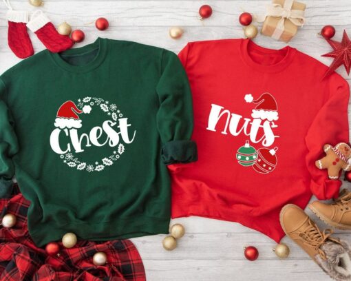 Nuts &amp Chest Santa Hat Christmas Couple Matching Sweatshirt