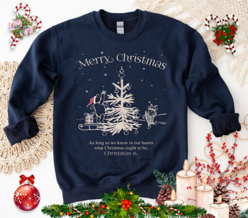 Retro Cute Winnie The Pooh Merry Christmas Tree Sweatshirt Unique Xmas Gift