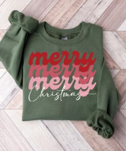 Retro Pink Merry Merry Christmas Sweatshirt Minimalist Unique Xmas Gift