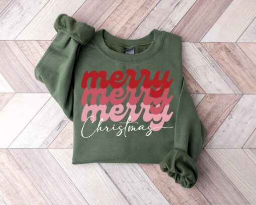 Retro Pink Merry Merry Christmas Sweatshirt Minimalist Unique Xmas Gift