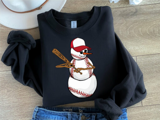 Snowman Baseball Christmas Tree Sweatshirt Sporty Unique Xmas Gift