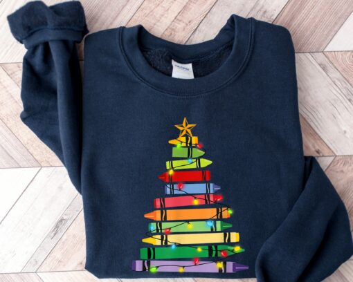 Teacher Crayon Christmas Tree Christmas Sweatshirt Lovely Unique Xmas Gift For Teachers