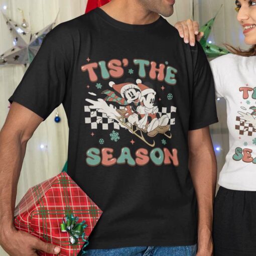 Tis The Season Checkerboard Mickey And Minnie Skiing Sleigh Ride Christmas T-shirt Disney