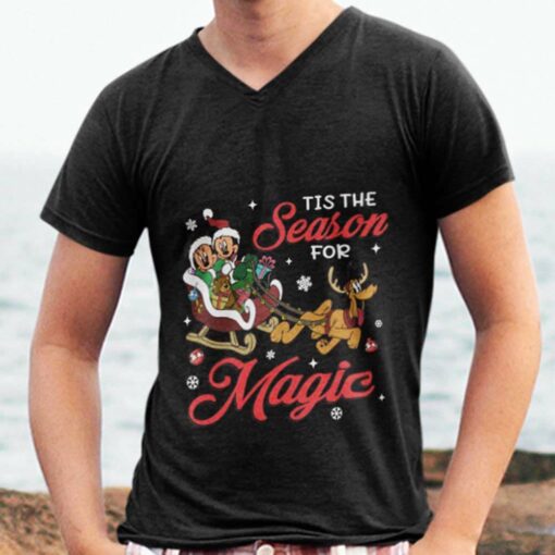 Tis’ The Season For Magic Mickey Minnie Pluto In Sleigh Christmas Black Tee