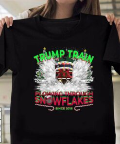 Trump Train Plowing Through Snowflakes Christmas T-Shirt