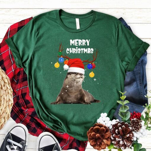 Very Merry Christmas Cute Otter Santa Hat Reindeer Light Sweatshirt Lovely Unique Xmas Gift