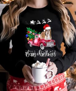 Very Merry Christmas Cute Shih Tzu Santa Hat Ride Red Truck Sweatshirt Lovely Unique Xmas Gift