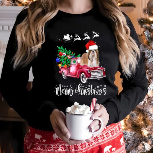 Very Merry Christmas Cute Shih Tzu Santa Hat Ride Red Truck Sweatshirt Lovely Unique Xmas Gift