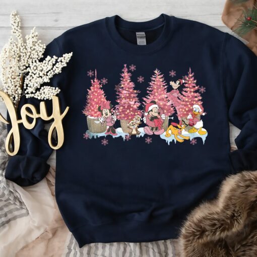 Vintage Retro Disneyland Mickey And Friends Pink Christmas Tree Sweatshirt