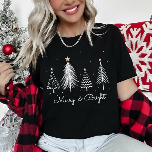 White Merry And Bright Christmas Trees With Gold Star Super Soft Sweatshirt Lovely Unique Xmas Gift