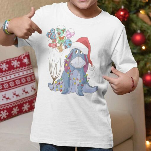 Eeyore Wear Santa Hat Mickey Balloon Light Christmas T-shirt Winnie The Pooh